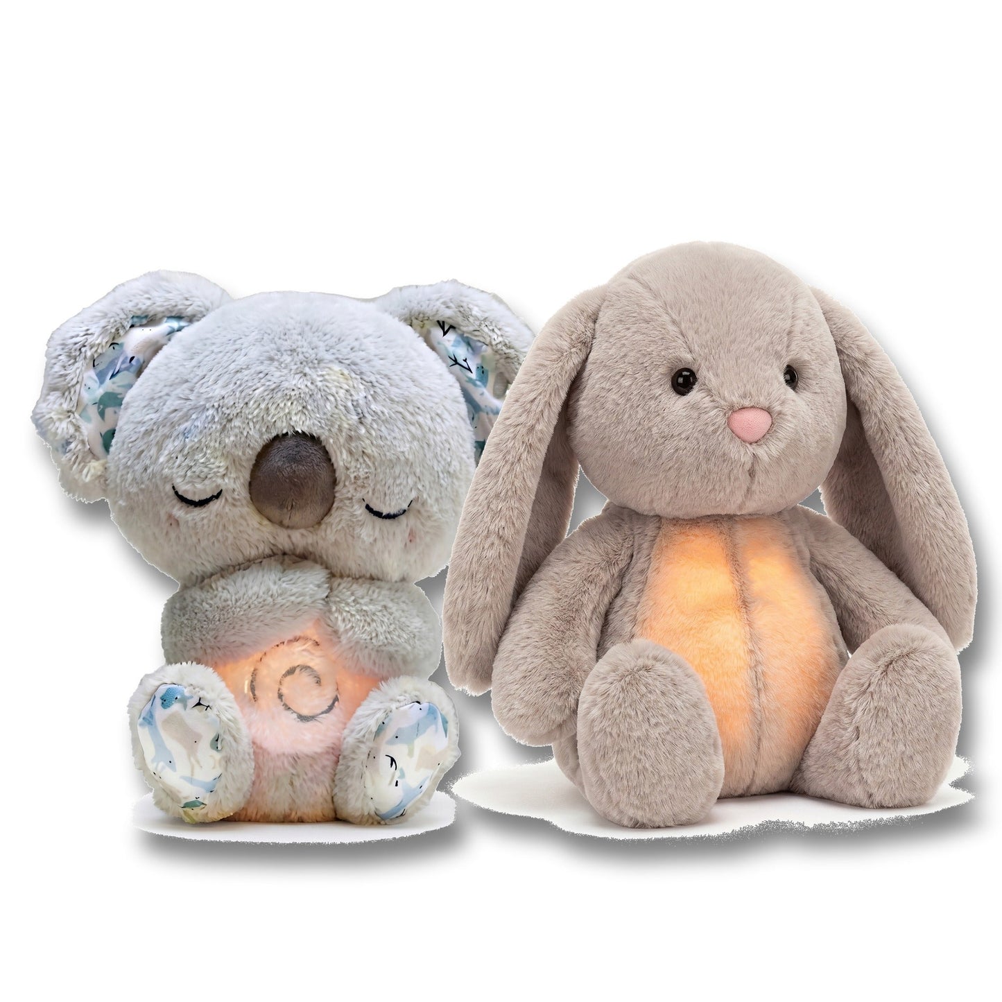 Koala- und Hasen-Einschlafbegleiter (grau) mit leuchtendem Bauch auf weissem Hintergrund