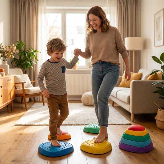 Elternteil und Kind balancieren auf den Balance-Steinen