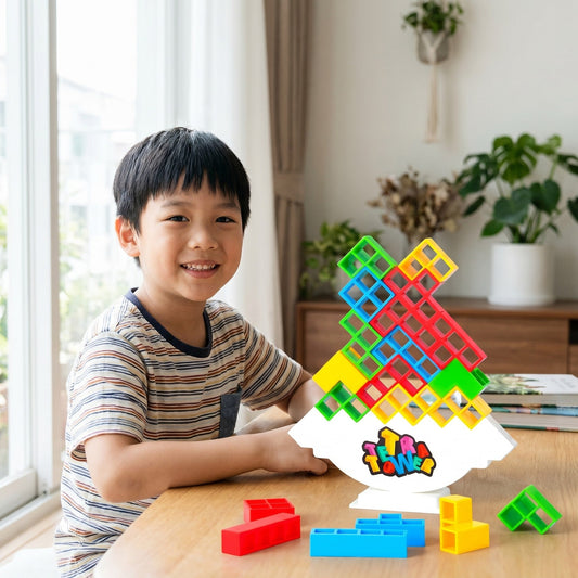 Glücklicher Junge am bunten Balance-Turm