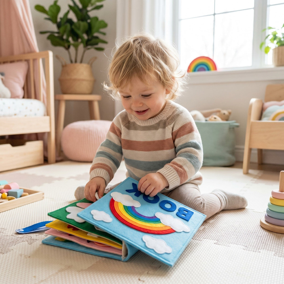 Kleinkind entdeckt das Montessori-Filzbuch im hellen Kinderzimmer