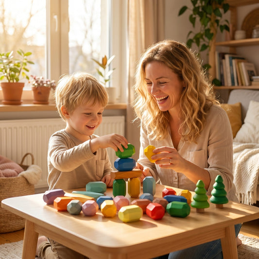 Mutter und Kind stapeln gemeinsam die Holz-Stapelsteine