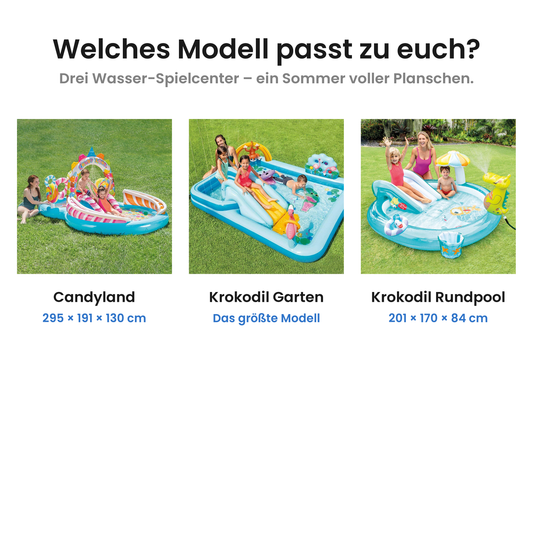 Die drei Intex Wasser-Spielcenter Modelle im Überblick: Candyland, Krokodil Garten, Krokodil Rundpool