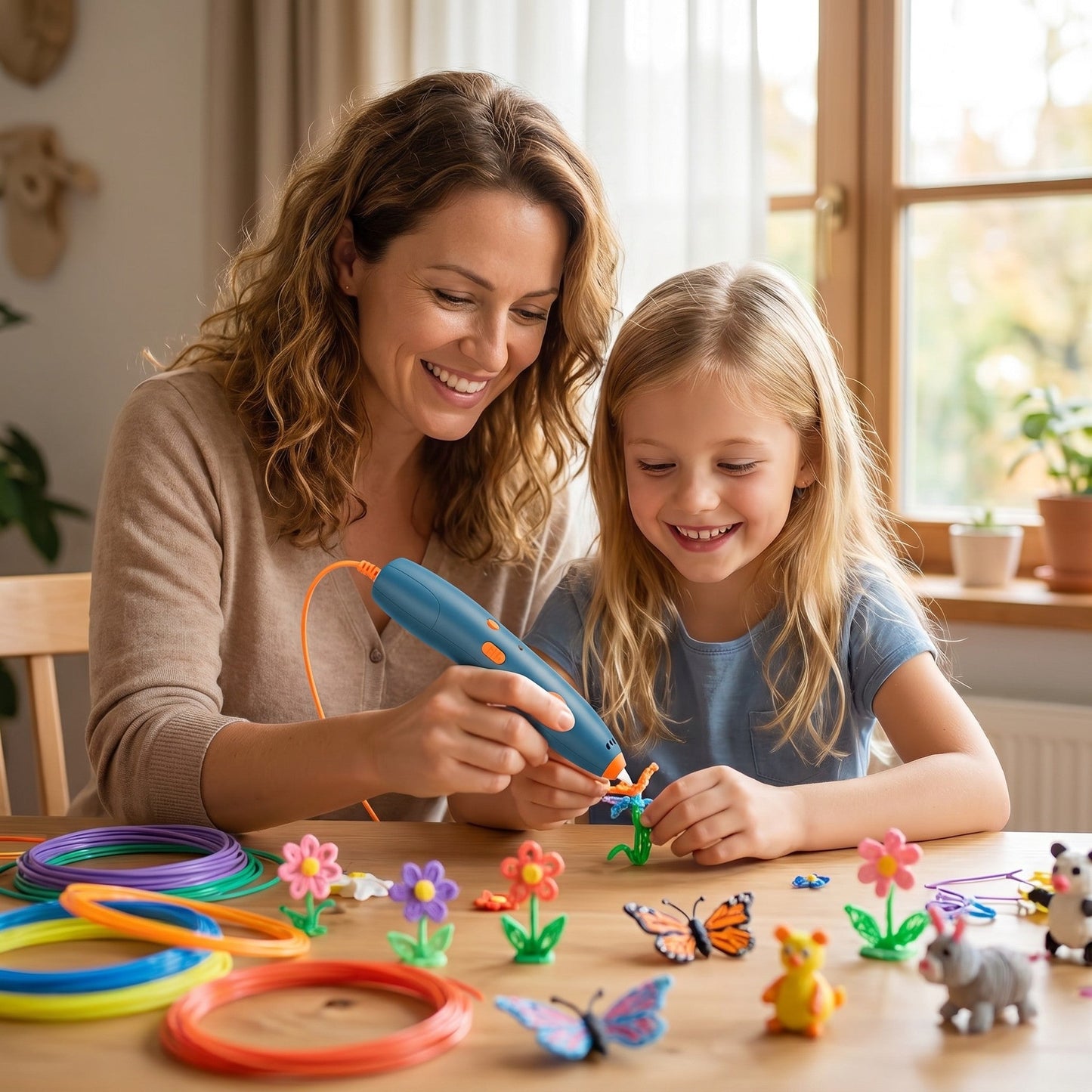 Familie gestaltet gemeinsam 3D-Figuren mit dem Kinder-3D-Stift
