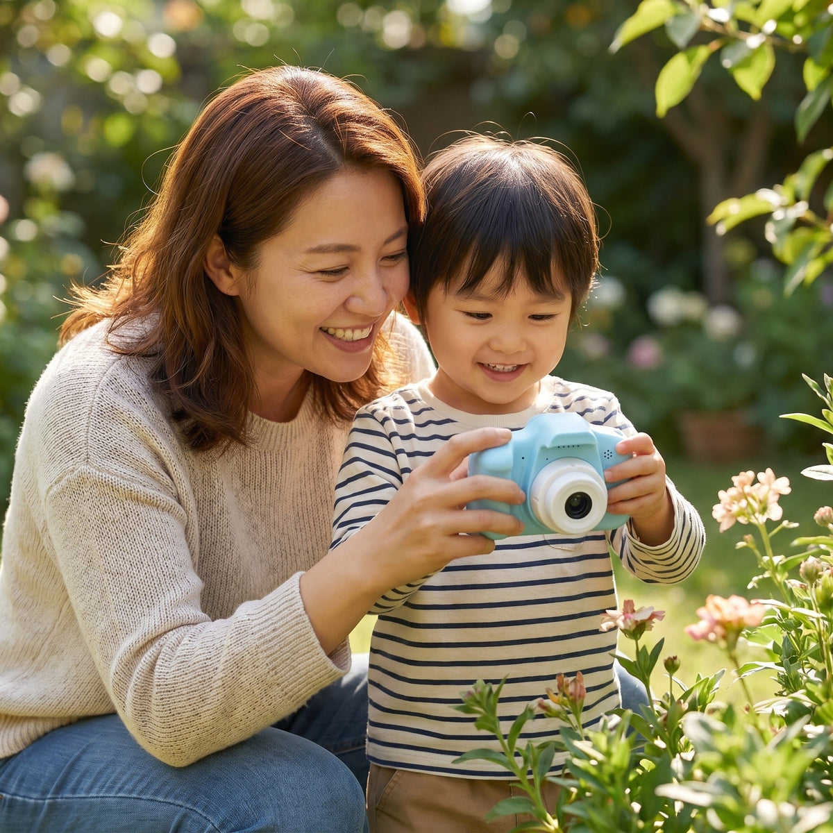Mutter und Kind entdecken gemeinsam die Kinderkamera im Garten