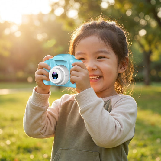 Mädchen fotografiert im Park mit der blauen Kinderkamera