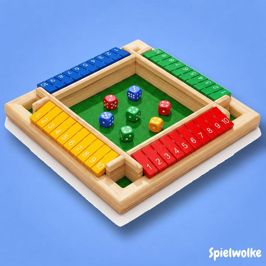 Zahlen-Klappspiel aus Holz mit bunten Zahlenklappen und Würfeln
