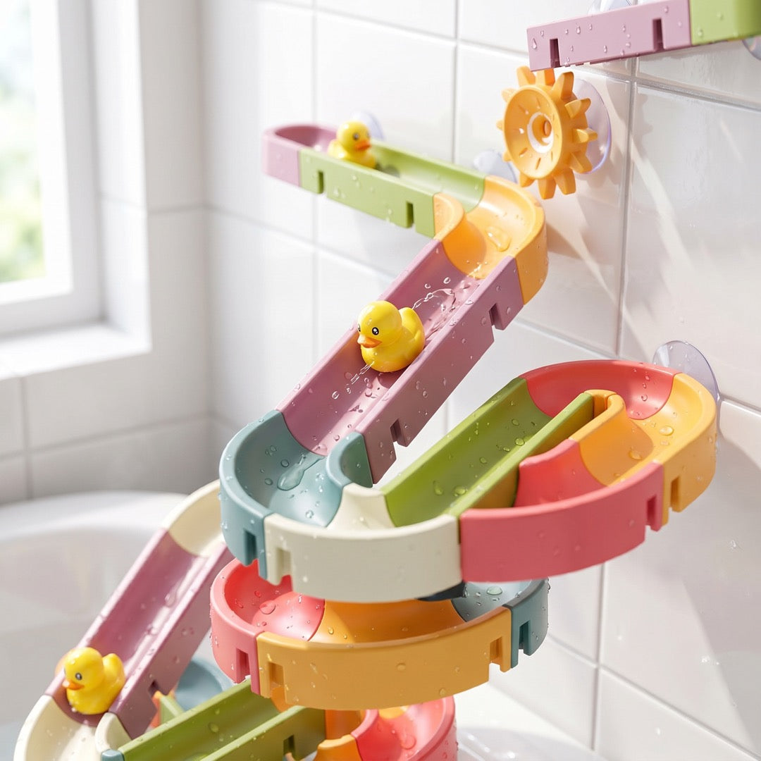 Entchen rollt die bunte Kugelbahn an der Badezimmerwand hinunter