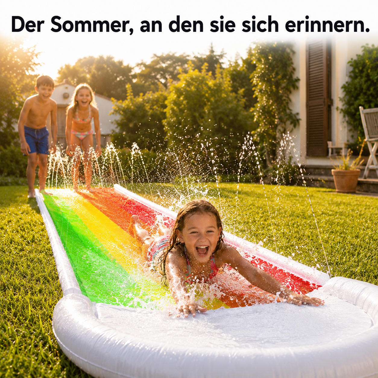 Drei Kinder spielen an der Regenbogen-Wasserrutschbahn im Abendlicht