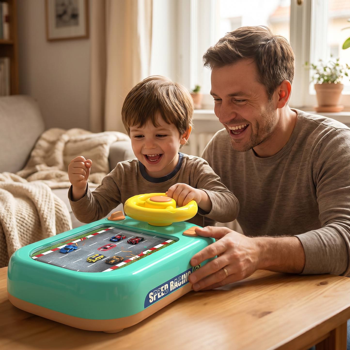 Vater und Sohn spielen gemeinsam den Renn-Simulator