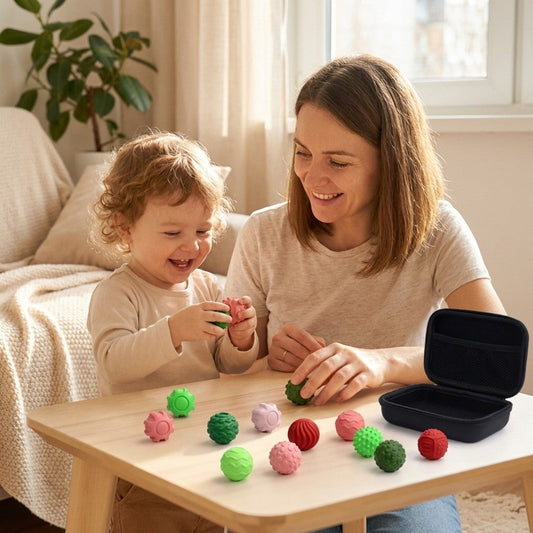 Mutter und Kind spielen mit den magnetischen Sensorik-Bällen