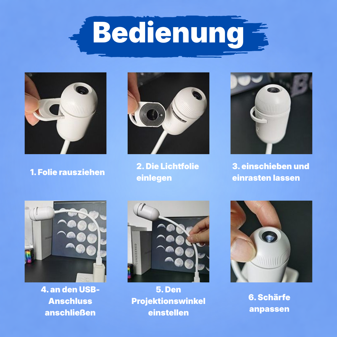 Sternenhimmel-Projektor Bedienung in 6 Schritten – Lichtfolie einlegen, anschließen und scharfstellen