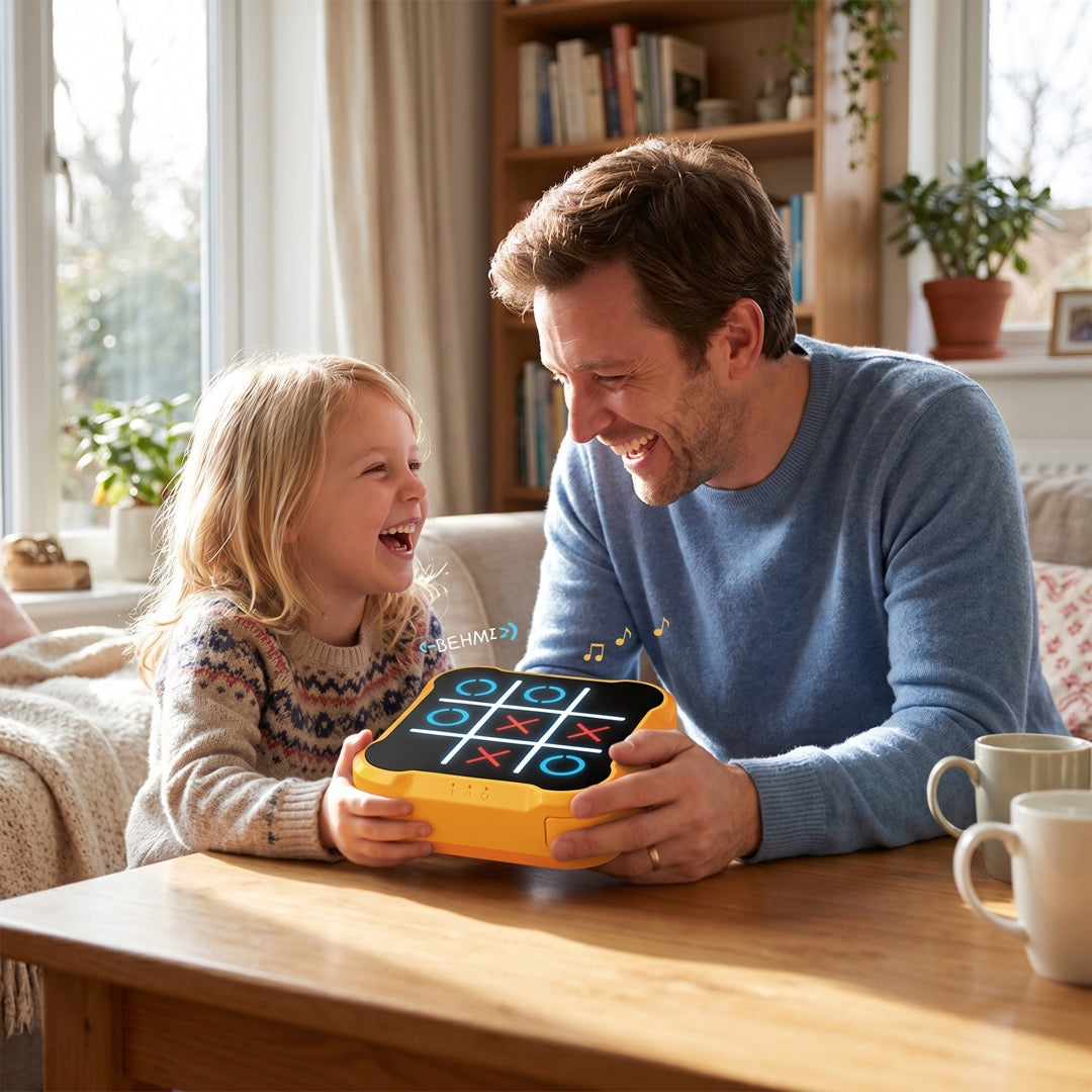 Vater und Tochter spielen gemeinsam das elektronische Tic-Tac-Toe