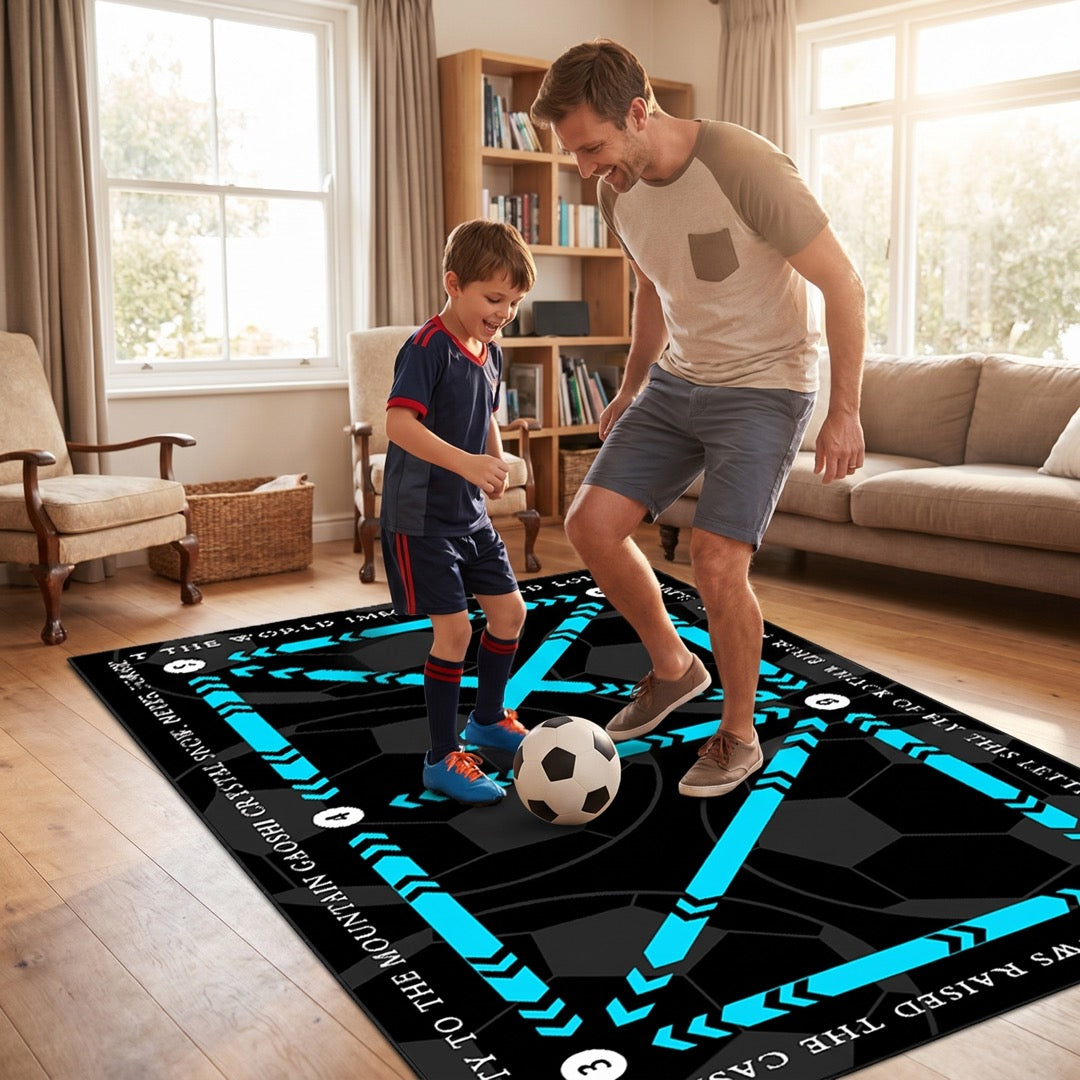 Vater und Sohn spielen Fußball auf der Trainingsmatte zuhause