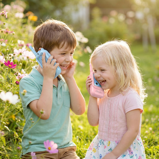 Geschwister spielen mit dem Kinder-Walkie-Talkie im Garten