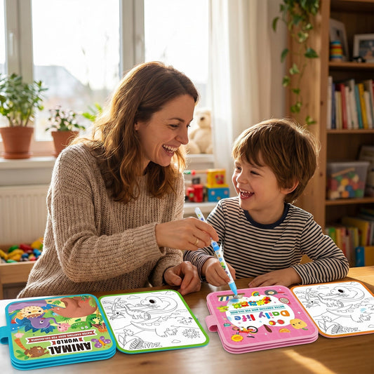 Mutter und Kind malen gemeinsam im magischen Wasser-Malbuch