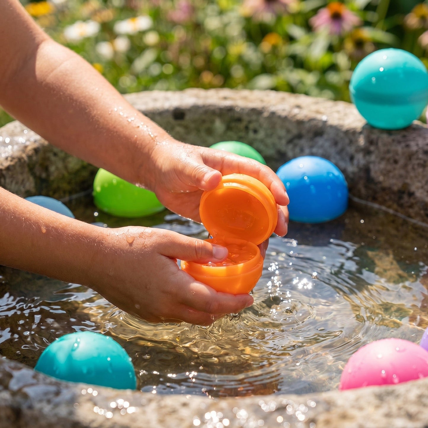 Kinderhände befüllen einen wiederverwendbaren Wasserball mit Wasser