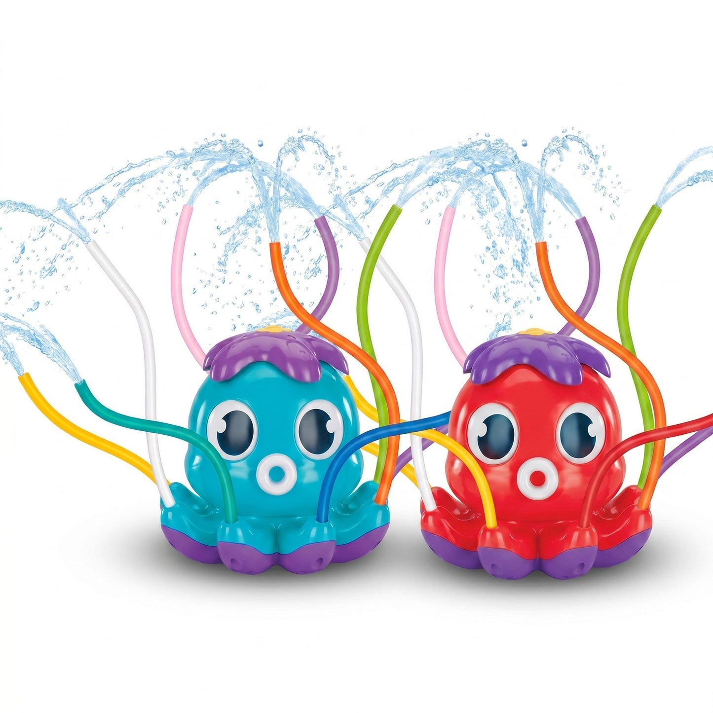 Oktopus-Wassersprinkler in Blau und Rot auf weissem Hintergrund