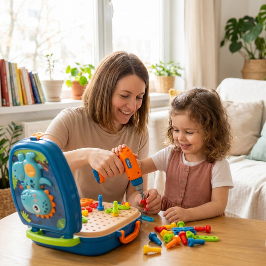 Familie hat gemeinsam Freude am Kinder-Werkzeugkoffer