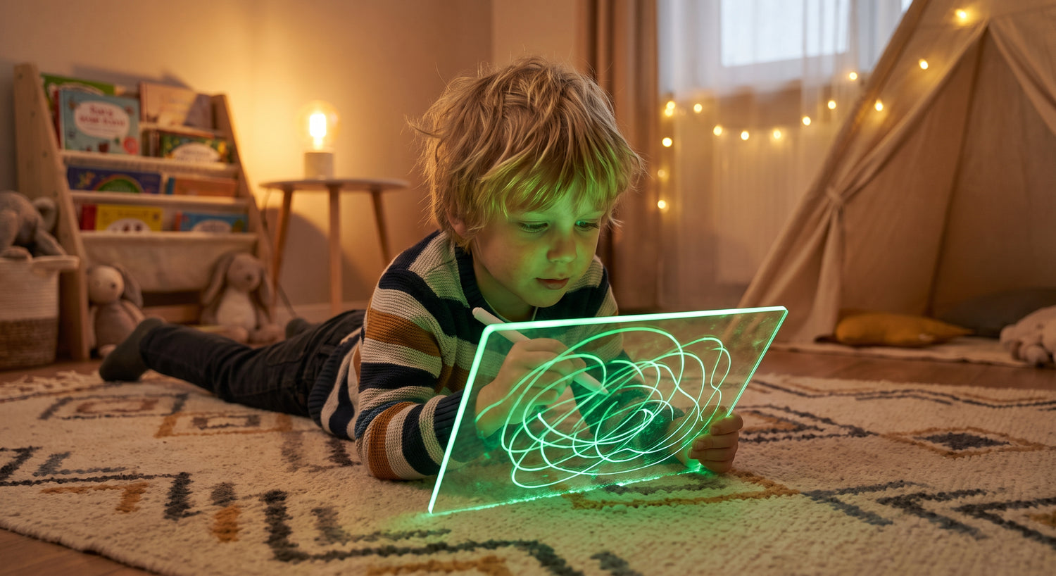 Junge malt leuchtende Linien auf der Leucht-Maltafel im Kinderzimmer