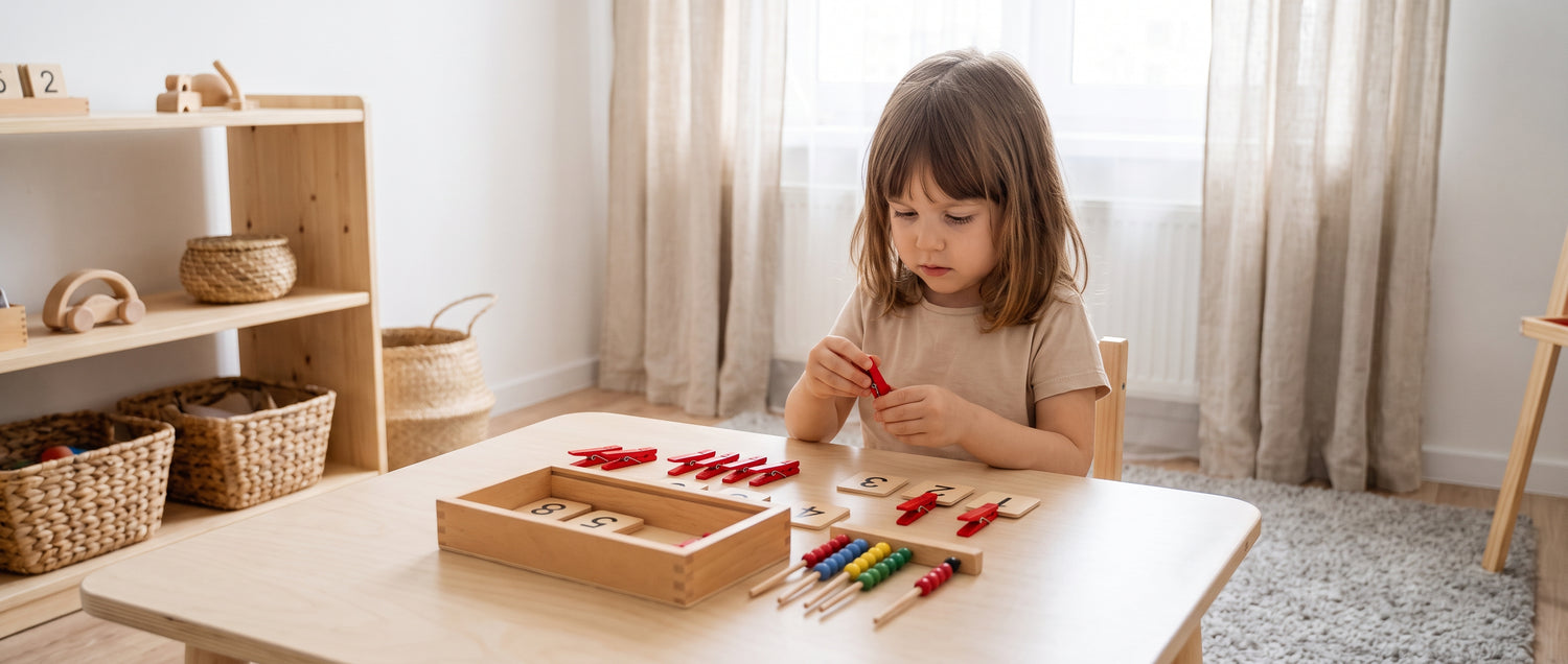 Mädchen spielt konzentriert mit Montessori Zahlen-Klammerspiel am Kindertisch