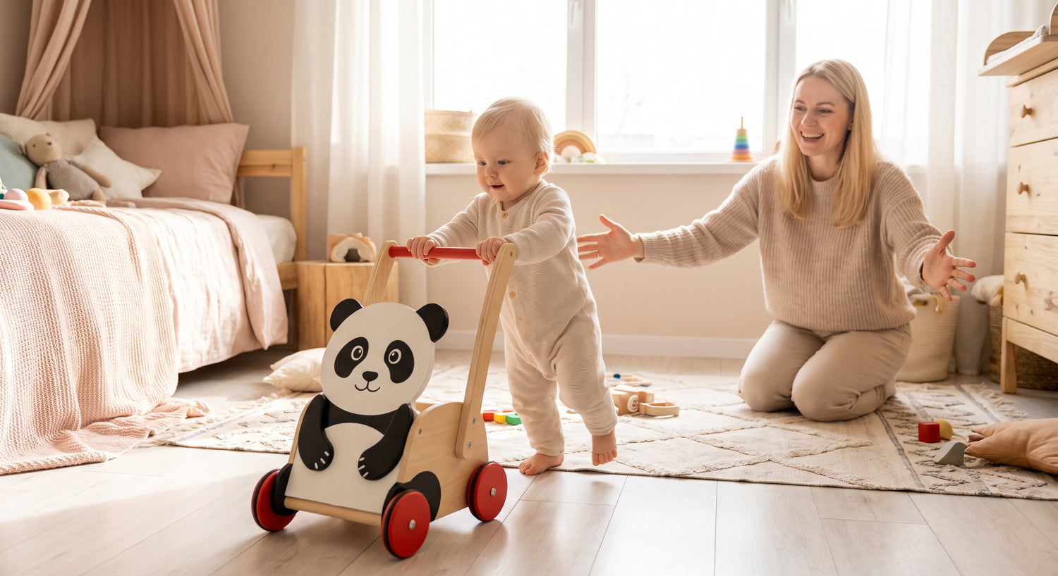 Baby macht erste Schritte mit der Panda-Lauflernhilfe, Mama kniet dahinter