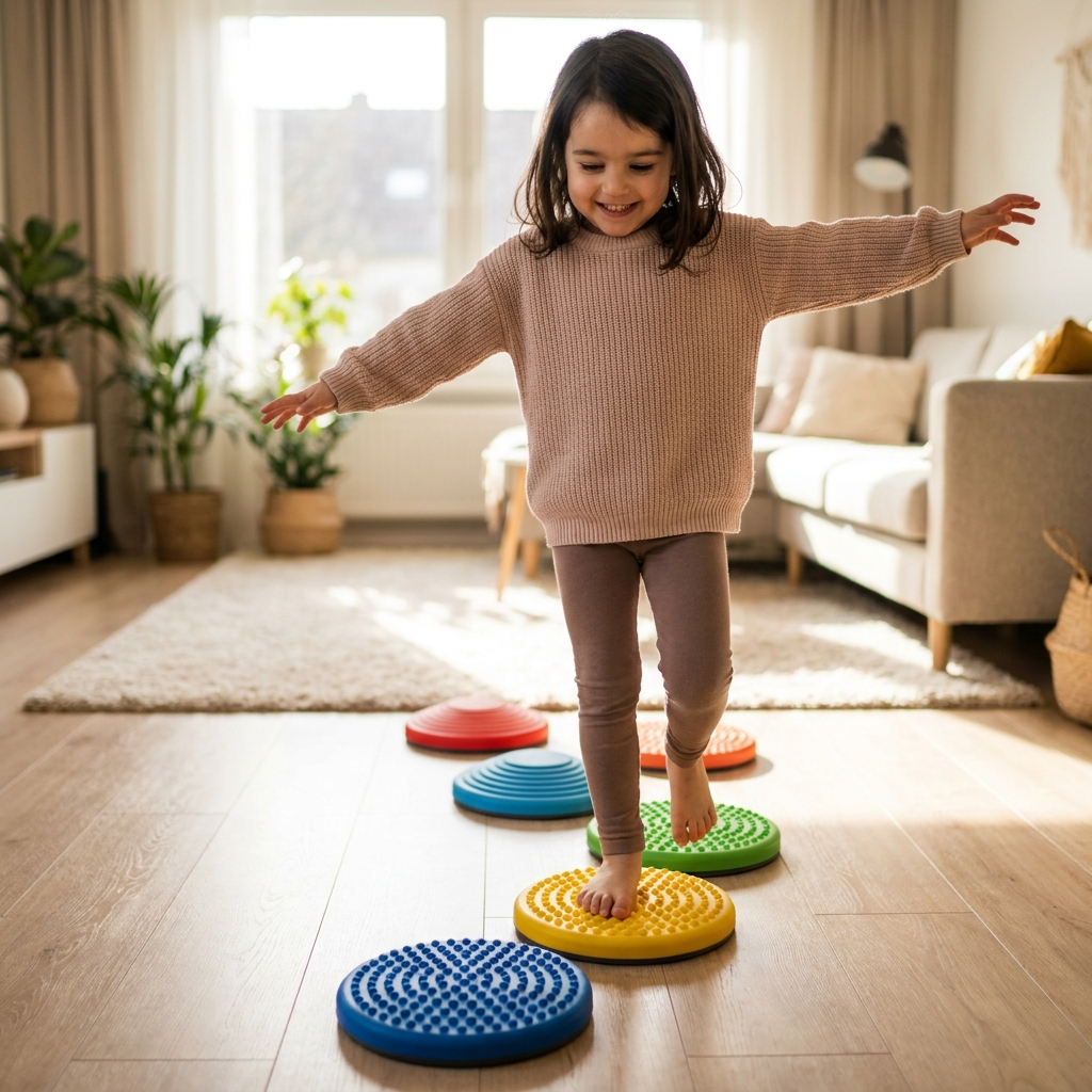 Mädchen balanciert über bunte Balance-Steine im Wohnzimmer