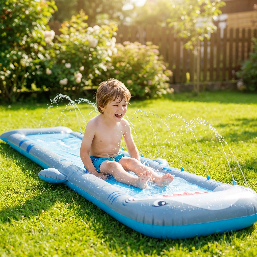 Junge rutscht lachend auf der Hai-Wasserrutsche im sonnigen Garten
