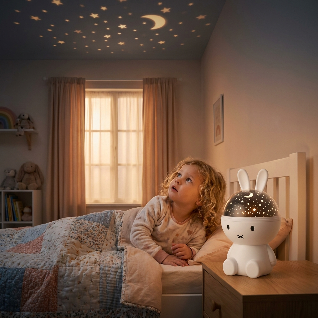 Kind schaut vom Bett aus auf die Sternenprojektion des Hasen-Nachtlichts