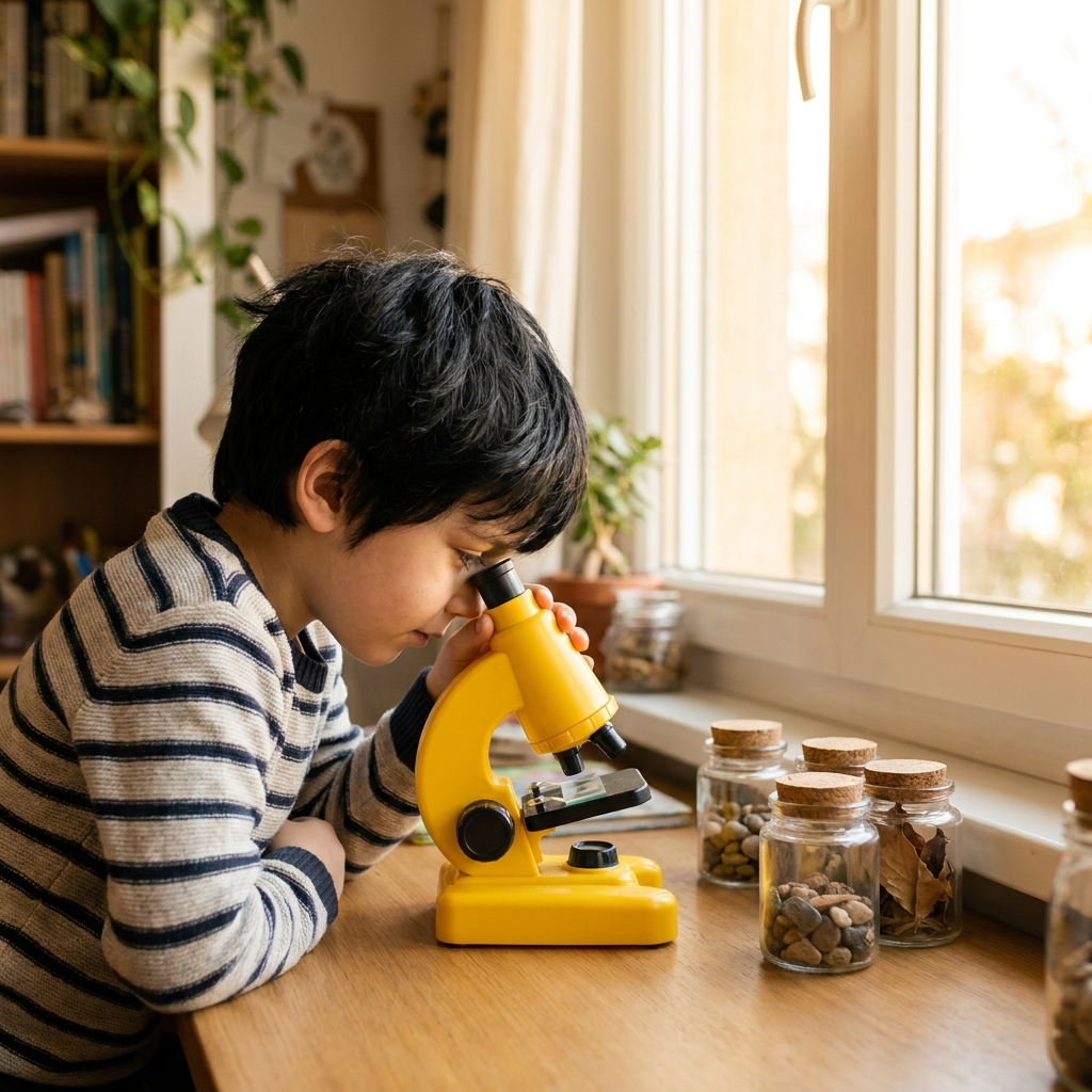 Junge schaut neugierig durch das gelbe Kindermikroskop am Fenster