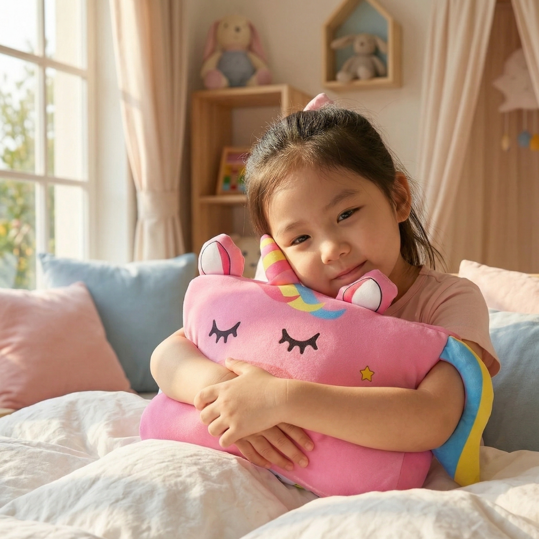 Kind kuschelt mit dem Kuschelfreund-Kinderkopfkissen