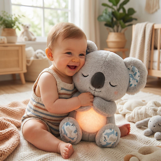 Baby kuschelt mit dem grauen Koala-Einschlafbegleiter mit leuchtendem Bauch