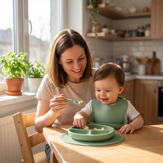 Familie hat gemeinsam Freude am Baby-Geschirr-Set