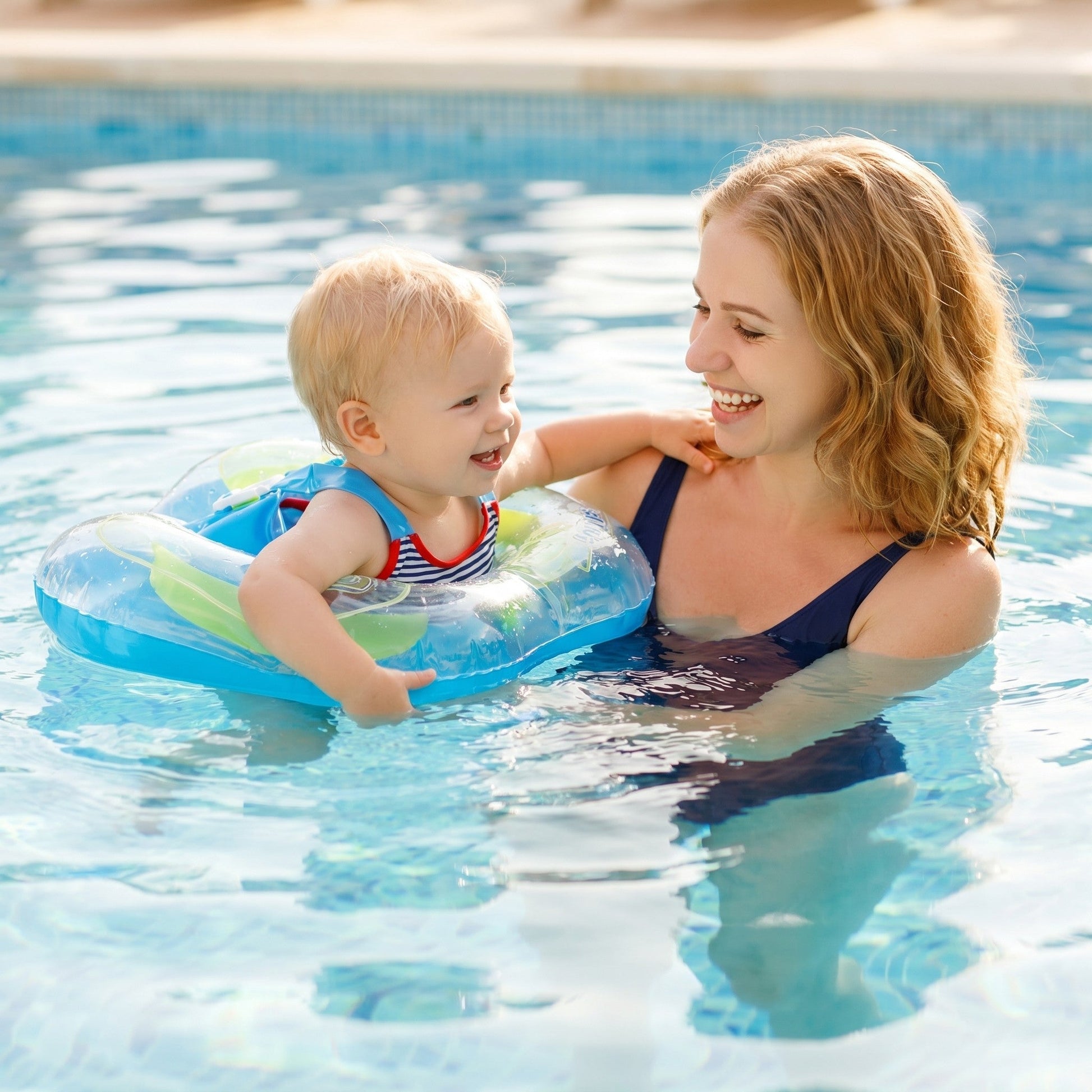 Mutter und Baby im Pool mit dem Baby-Schwimmring