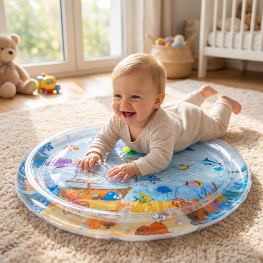 Baby in Bauchlage auf der Baby-Wassermatte mit schwimmenden Figuren