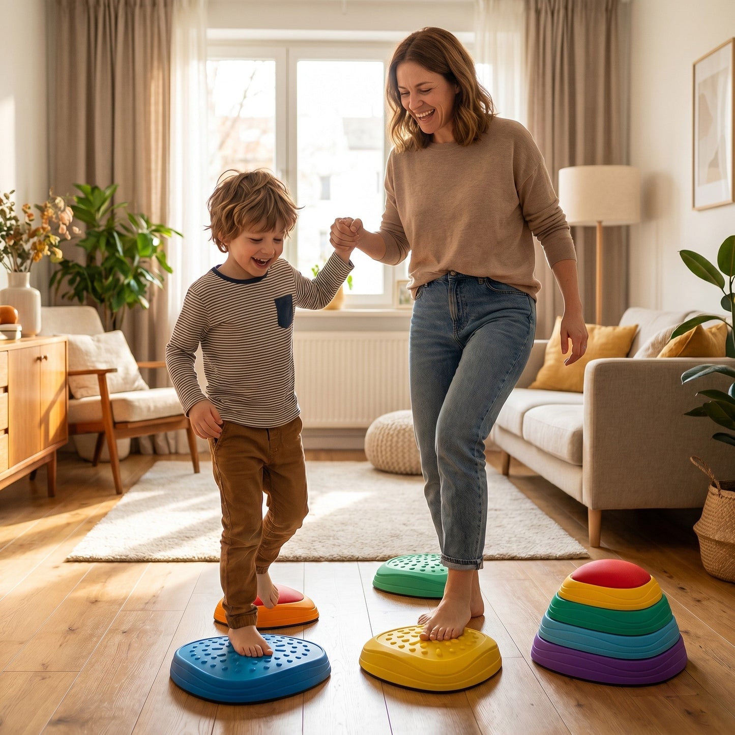 Elternteil und Kind balancieren auf den Balance-Steinen