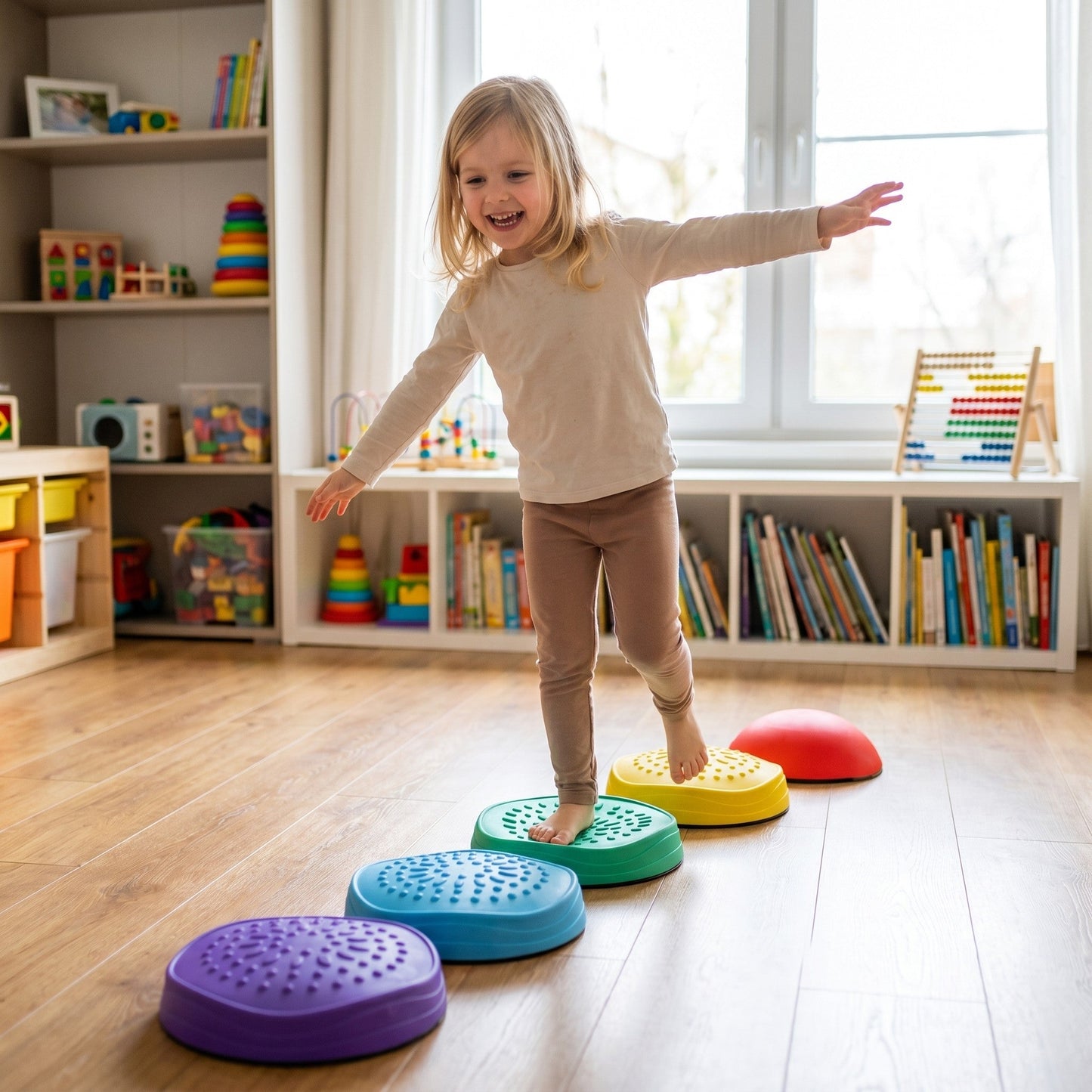 Kind balanciert auf den bunten Balance-Steinen