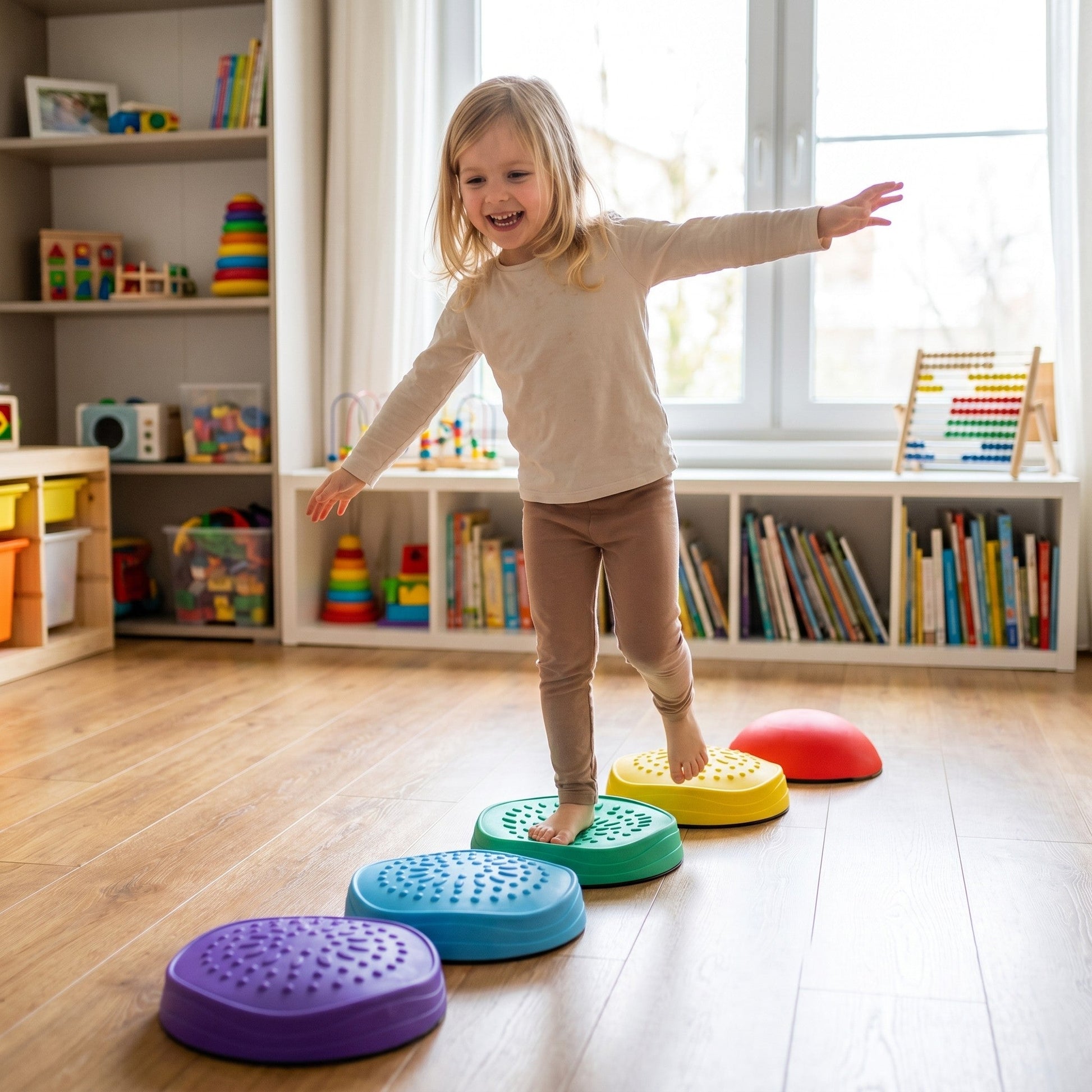 Kind balanciert auf den bunten Balance-Steinen