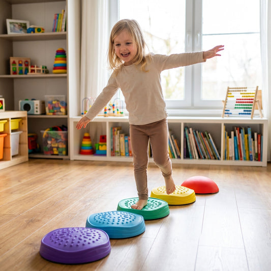 Kind balanciert auf den bunten Balance-Steinen