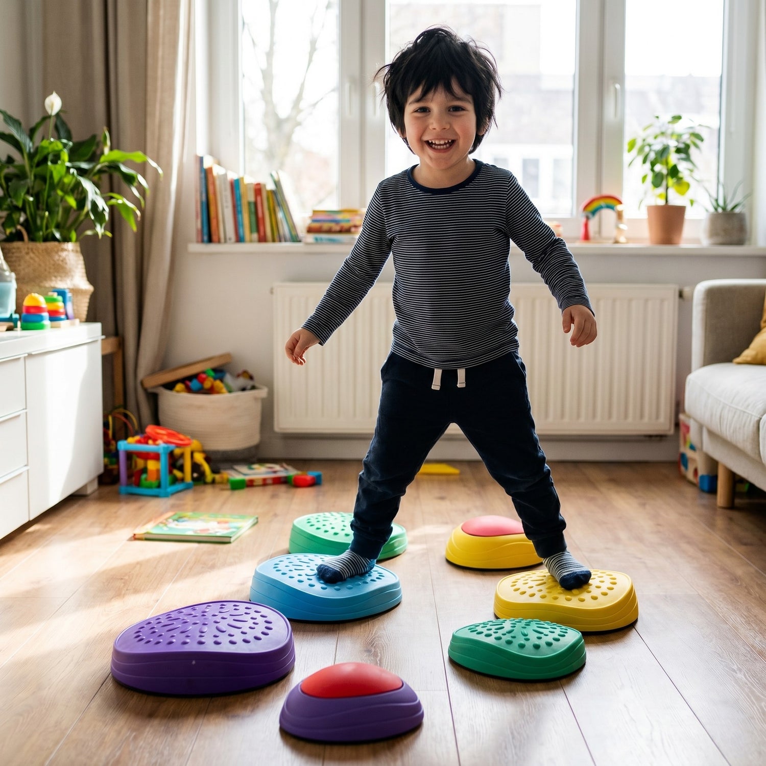 Kind freut sich ueber die Balance-Steine