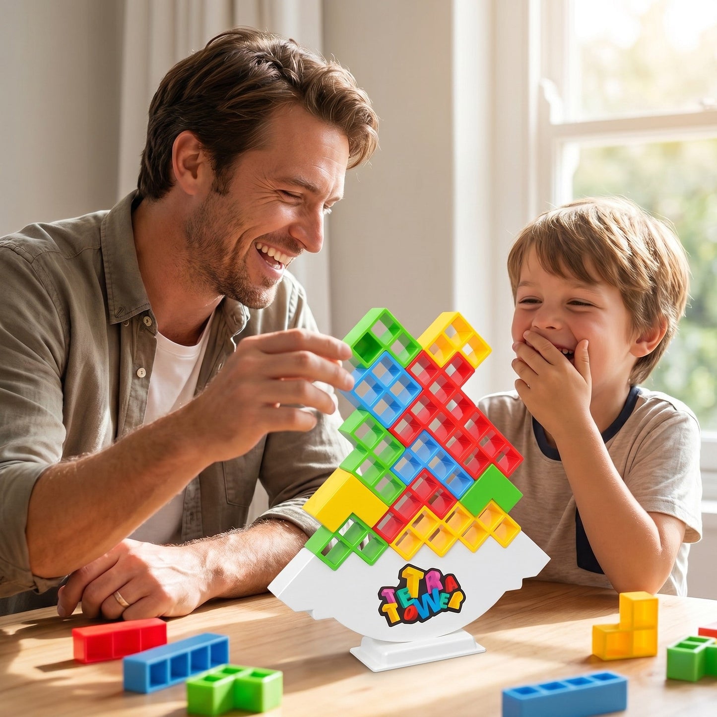 Vater und Sohn spielen gemeinsam den Balance-Turm