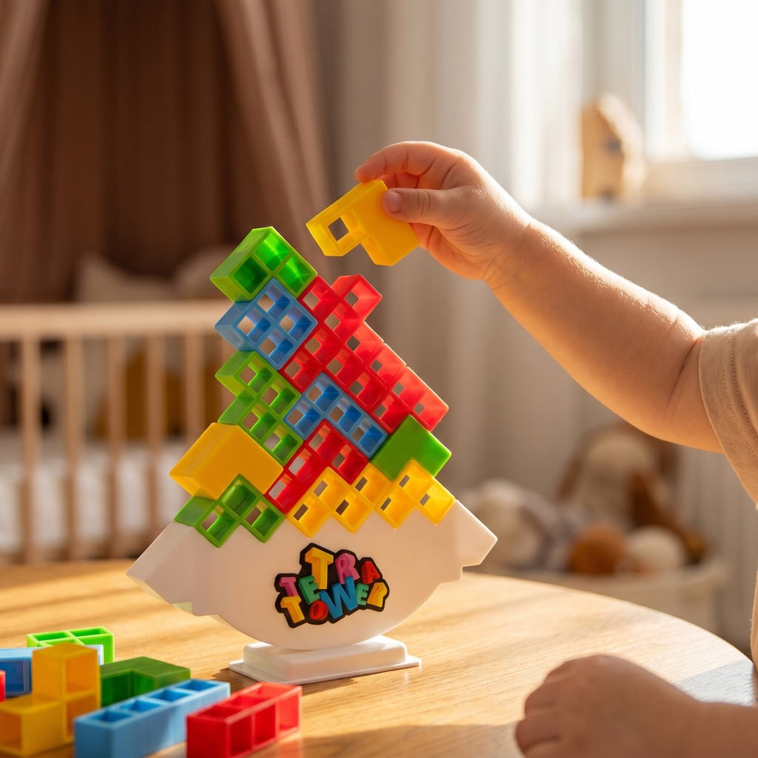 Kinderhand setzt einen Block auf den wackelnden Balance-Turm