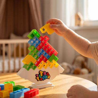 Kinderhand setzt einen Block auf den wackelnden Balance-Turm