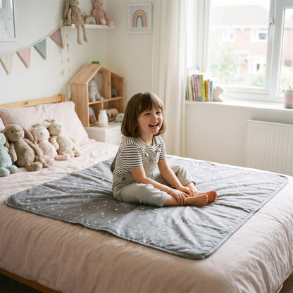 Kind sitzt auf der wasserdichten Bett-Unterlage im hellen Kinderzimmer