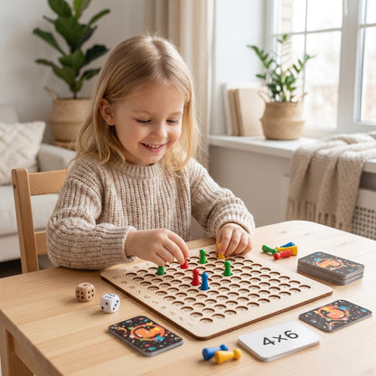 Mädchen spielt am Tisch mit dem Montessori-Mathe-Brettspiel und steckt bunte Pins