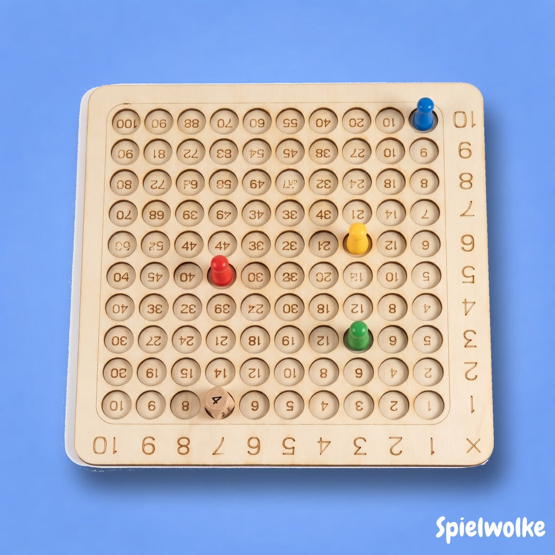 Montessori-Mathe-Brettspiel aus Holz mit bunten Zahlenpins und Würfel