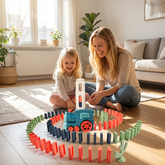 Familie hat Freude am Domino-Zug