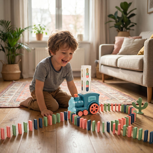 Kind beobachtet den Domino-Zug beim automatischen Steinlegen