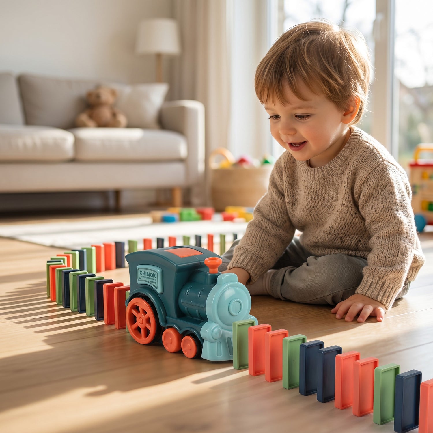 Detailansicht des Domino-Zug beim Steinlegen