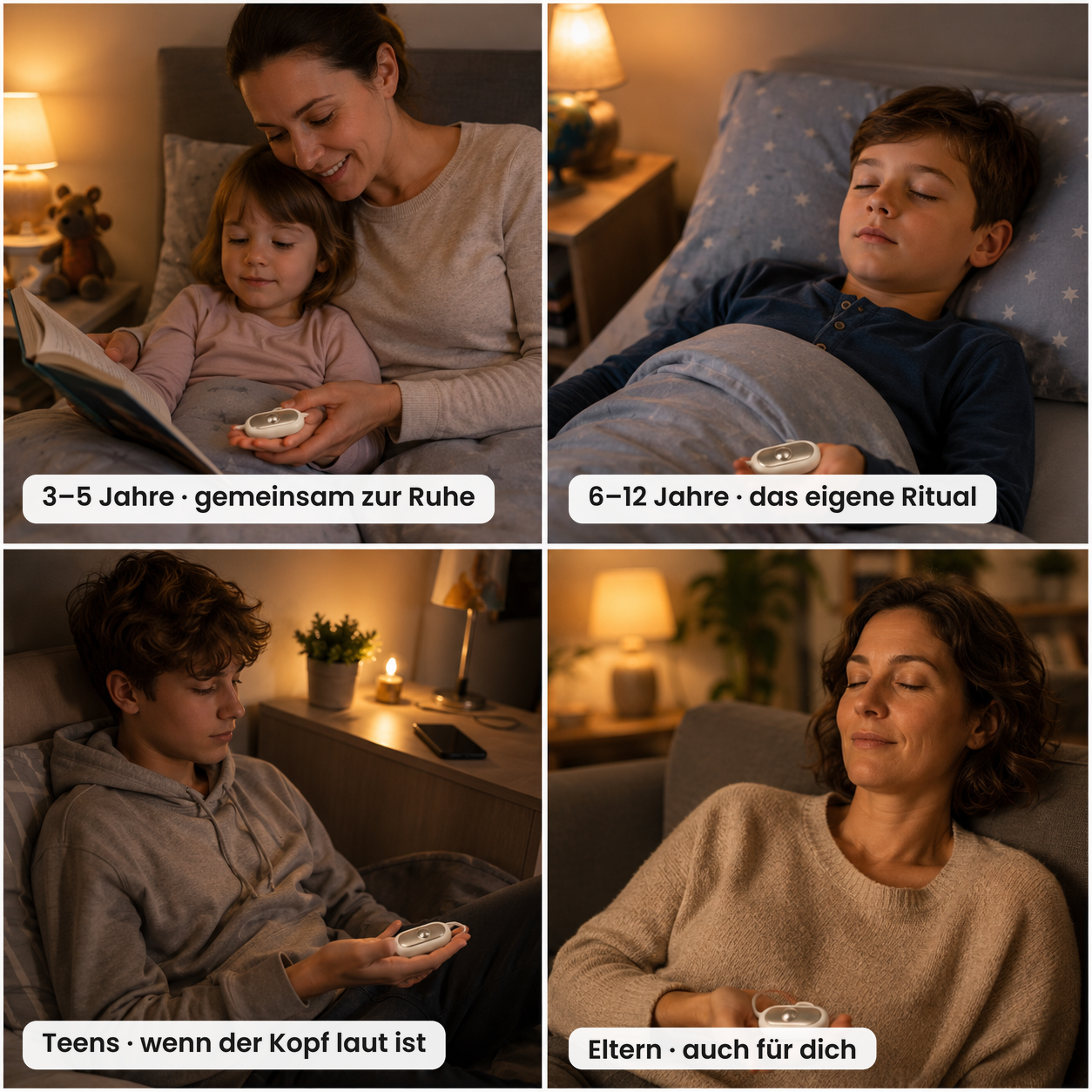 Einschlafhilfe für die ganze Familie: Kleinkinder mit Eltern, Schulkinder, Teens und Erwachsene halten das Gerät in der Handfläche