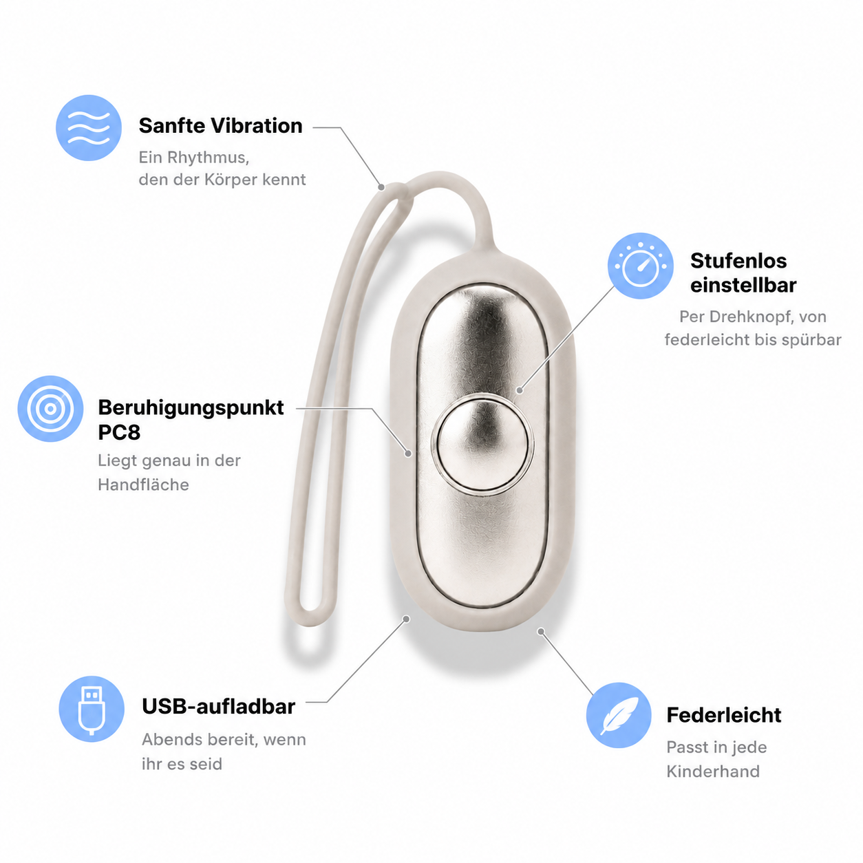 Einschlafhilfe Vorteile: sanfte Vibration, stufenlos einstellbar, Beruhigungspunkt PC8, USB-aufladbar, federleicht